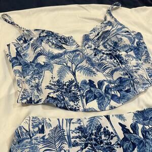 Blue and white tropical print skirt set